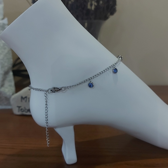 Blue CZ Anklet Rhodium Plated,316L S.Steel - Picture 4 of 9